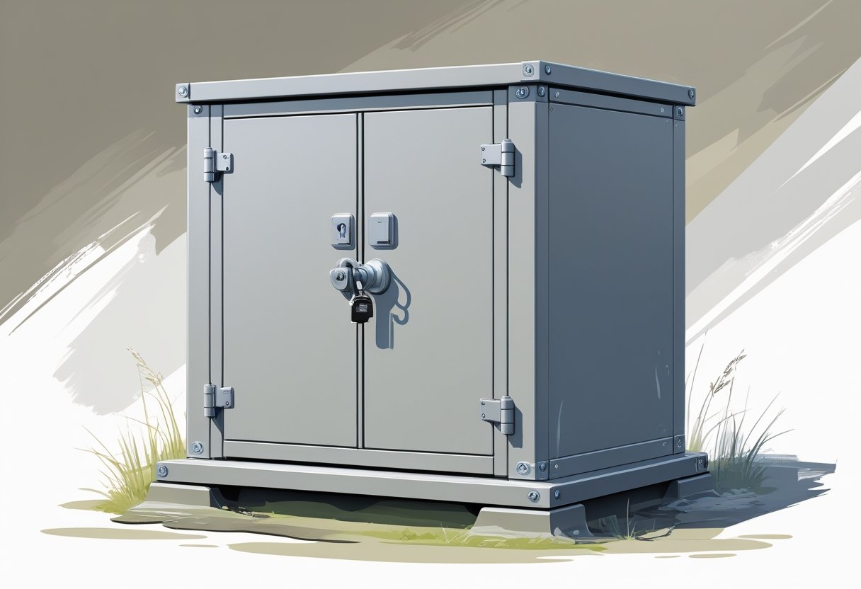 Armoire extérieure étanche posée sur une surface extérieure, avec des portes fermées et un design robuste.